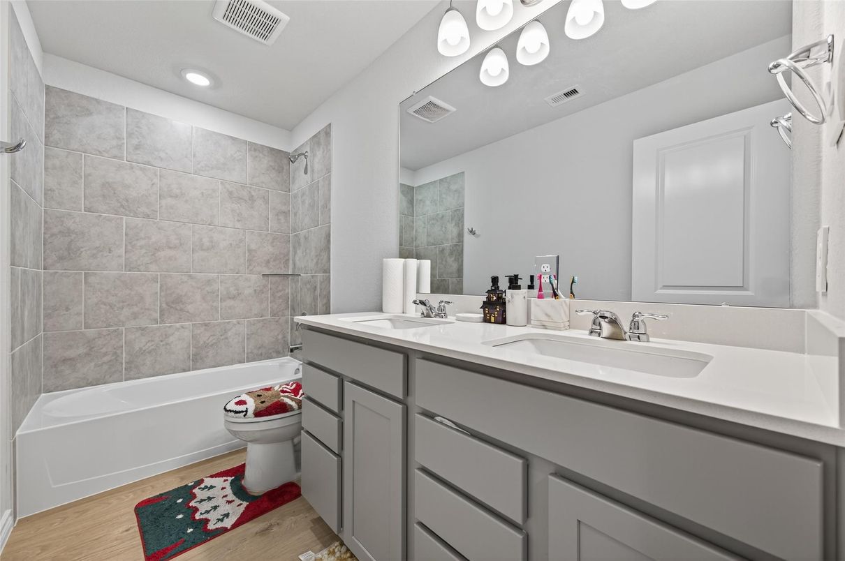Bathroom, Dual Sink Vanities, Interior, Recessed Lighting, Wood Texture Flooring