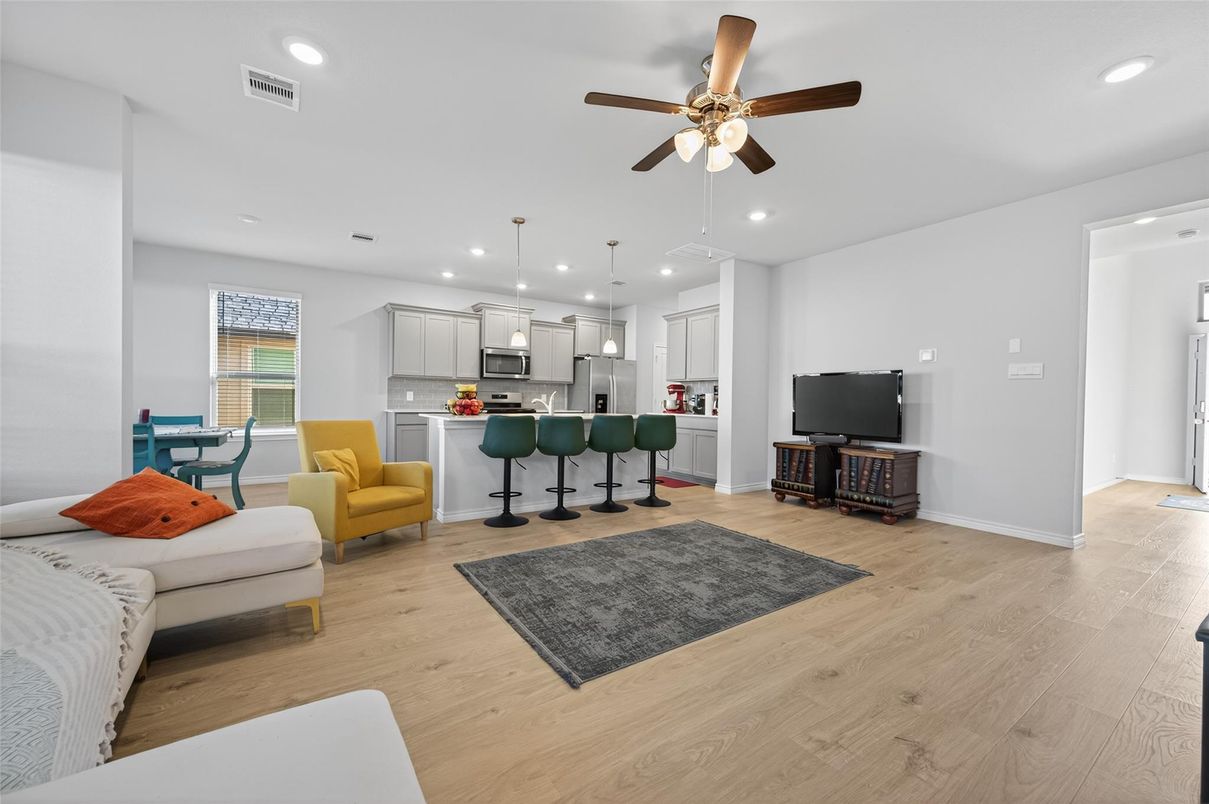 Interior, Kitchen, Pendant Lights, Recessed Lighting, Wood Texture Flooring