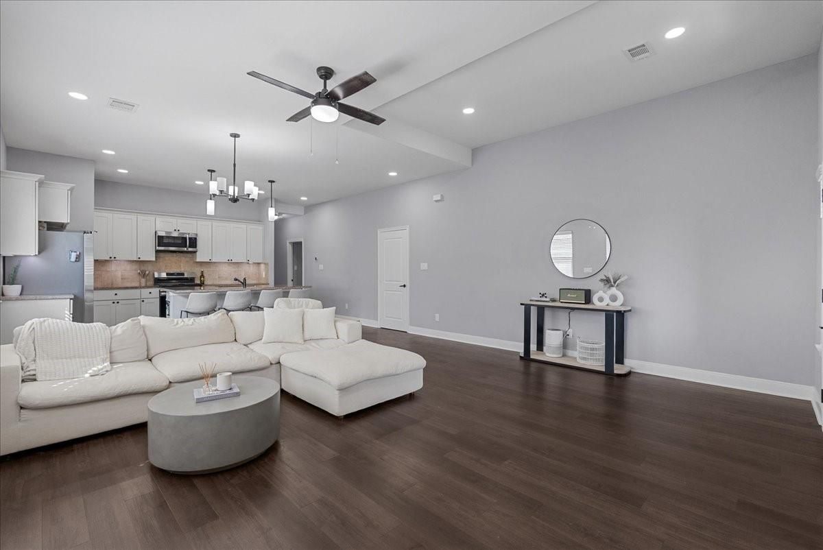 Interior, Kitchen, Living room, Pendant Lights, Recessed Lighting, Stainless Steel Appliances, Wood Texture Flooring