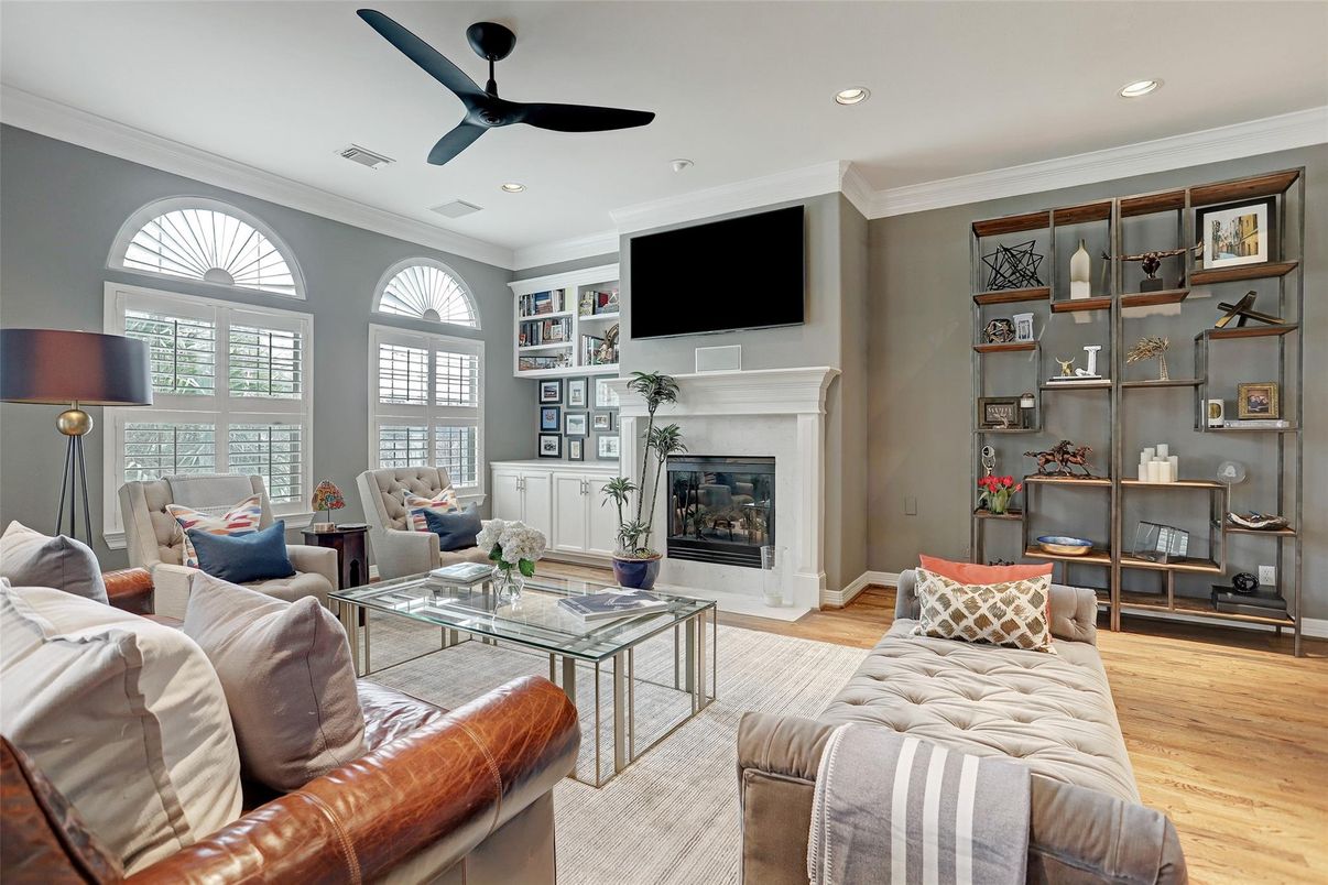 Fireplace, Interior, Living room, Recessed Lighting, Wood Texture Flooring