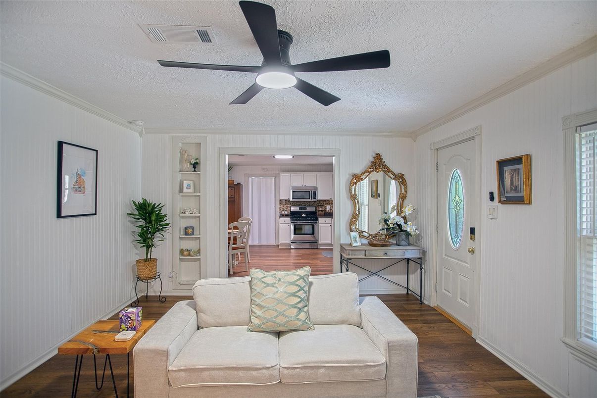 Interior, Kitchen, Living room, Recessed Lighting, Stainless Steel Appliances, Wood Texture Flooring