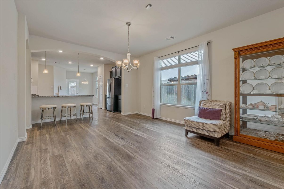 Chandelier, Interior, Kitchen, Pendant Lights, Recessed Lighting, Wood Texture Flooring