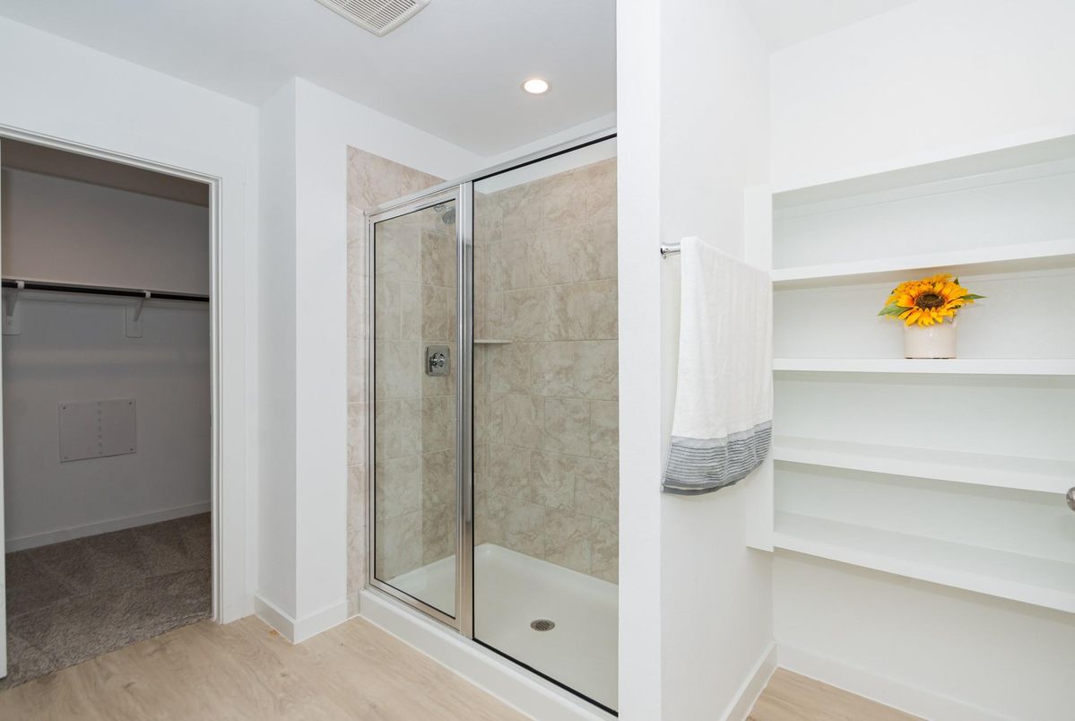 Bathroom, Glass Shower, Interior, Recessed Lighting, Wood Texture Flooring