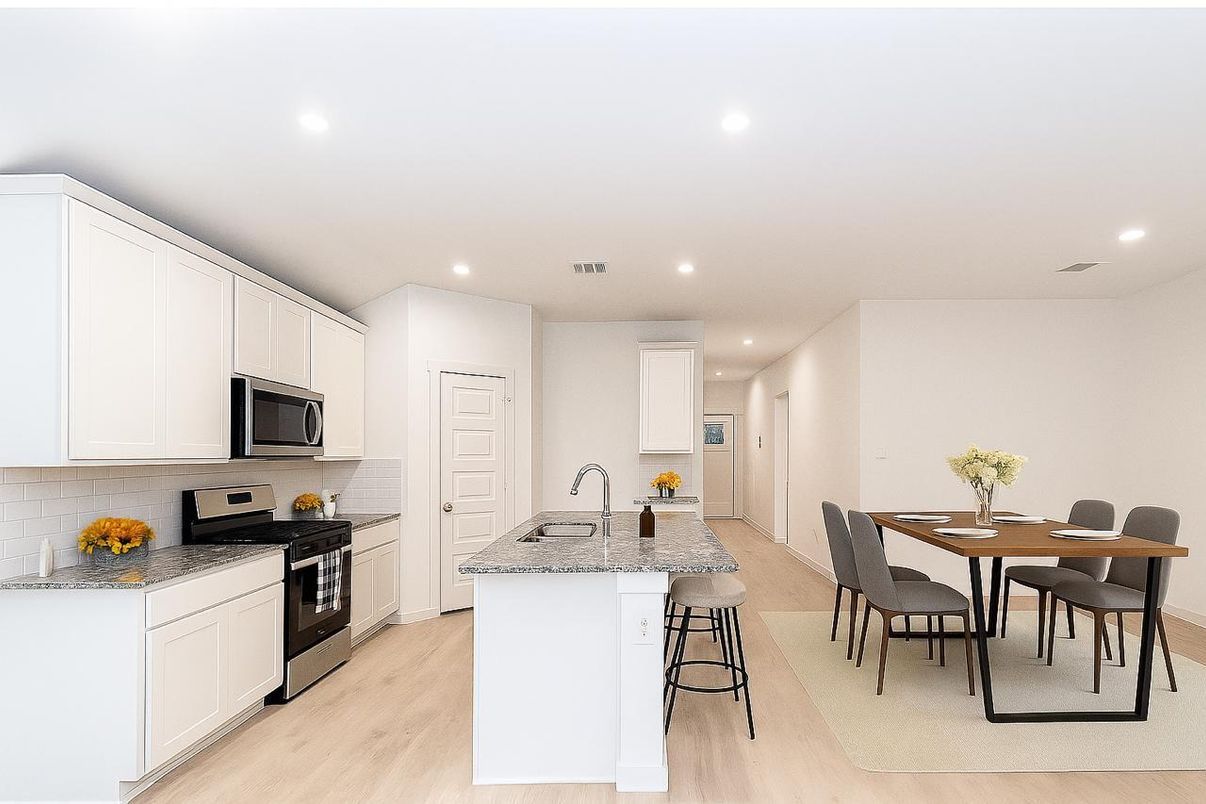Dining room, Interior, Kitchen, Recessed Lighting, Stainless Steel Appliances, Wood Texture Flooring