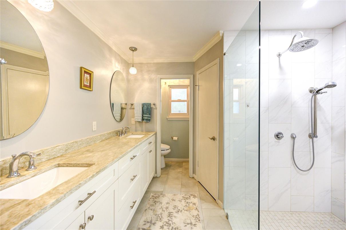 Bathroom, Dual Sink Vanities, Glass Shower, Interior, Pendant Lights