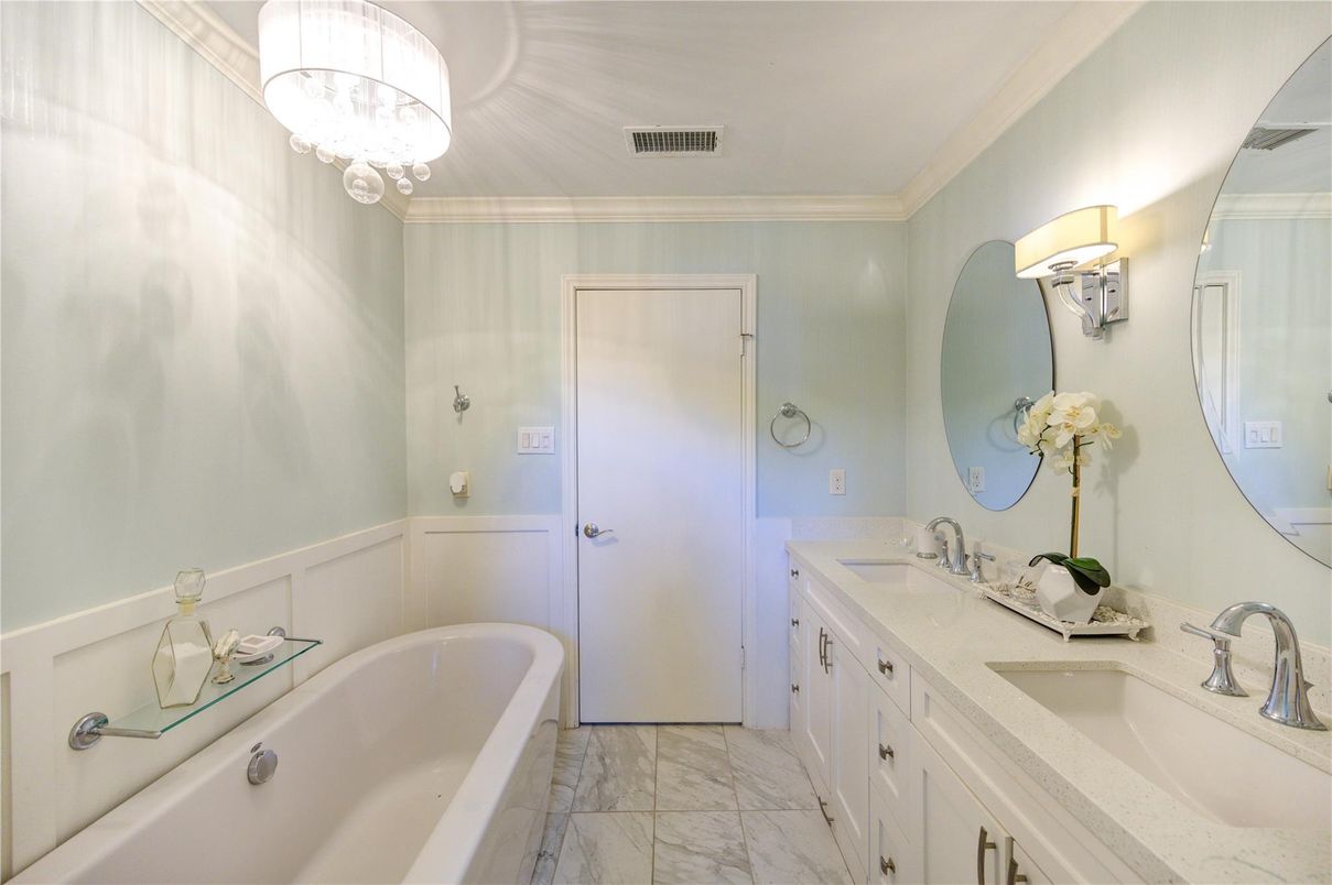 Bathroom, Chandelier, Dual Sink Vanities, Interior, Marble