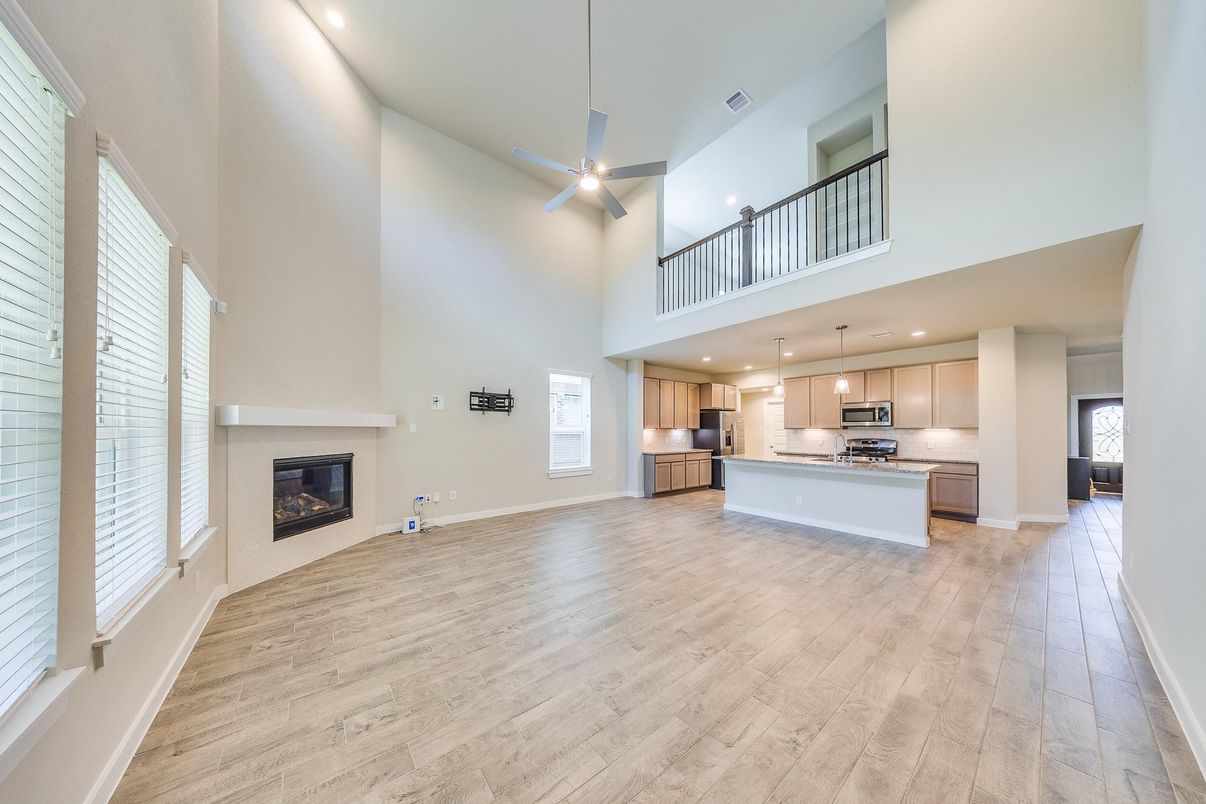 Fireplace, Interior, Kitchen, Pendant Lights, Recessed Lighting, Stainless Steel Appliances, Wood Texture Flooring