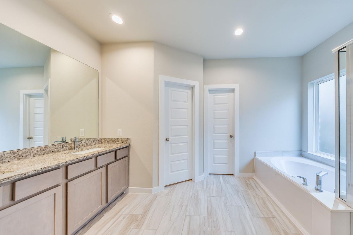Bathroom, Dual Sink Vanities, Interior, Marble, Recessed Lighting