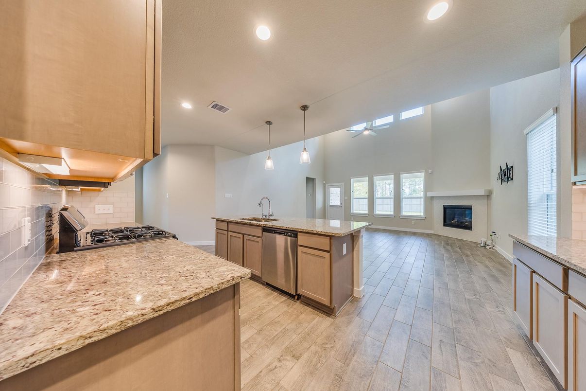 Fireplace, Interior, Kitchen, Pendant Lights, Recessed Lighting, Stainless Steel Appliances, Wood Texture Flooring