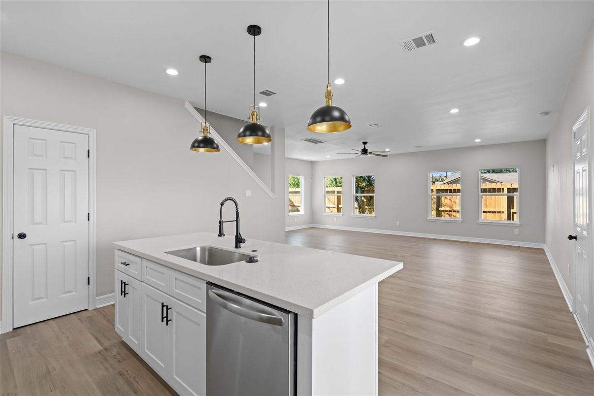 Interior, Kitchen, Pendant Lights, Recessed Lighting, Wood Texture Flooring