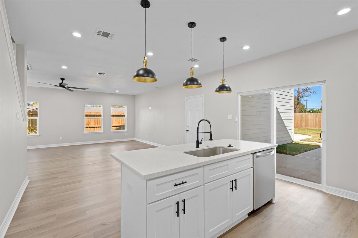 Interior, Kitchen, Pendant Lights, Recessed Lighting, Wood Texture Flooring
