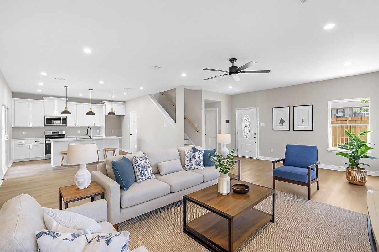 Interior, Kitchen, Living room, Pendant Lights, Recessed Lighting, Stainless Steel Appliances, Wood Texture Flooring