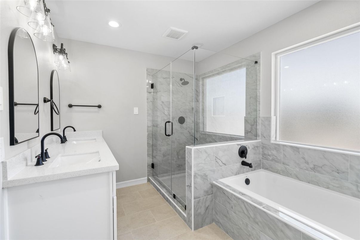 Bathroom, Glass Shower, Interior, Marble Walls, Recessed Lighting