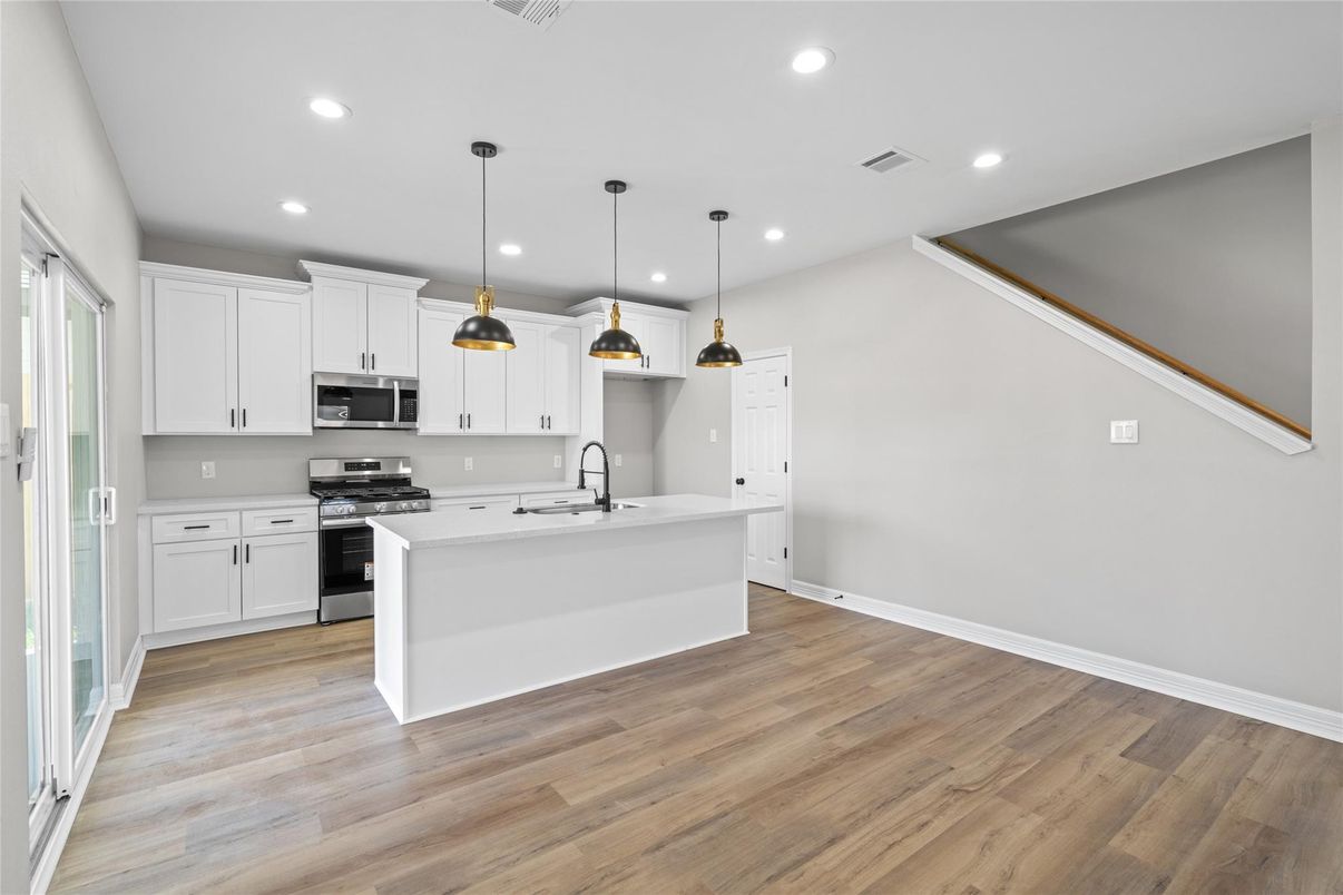 Interior, Kitchen, Pendant Lights, Recessed Lighting, Stainless Steel Appliances, Wood Texture Flooring