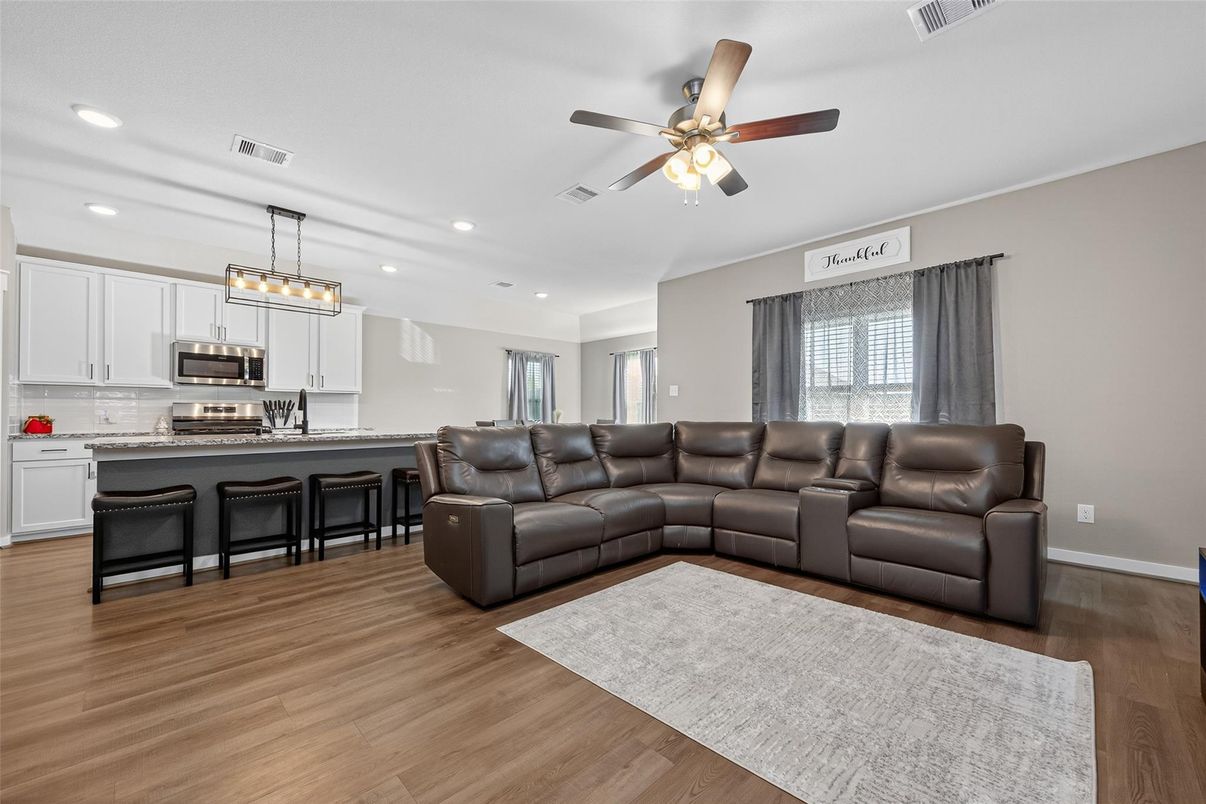 Interior, Kitchen, Living room, Pendant Lights, Recessed Lighting, Stainless Steel Appliances, Wood Texture Flooring