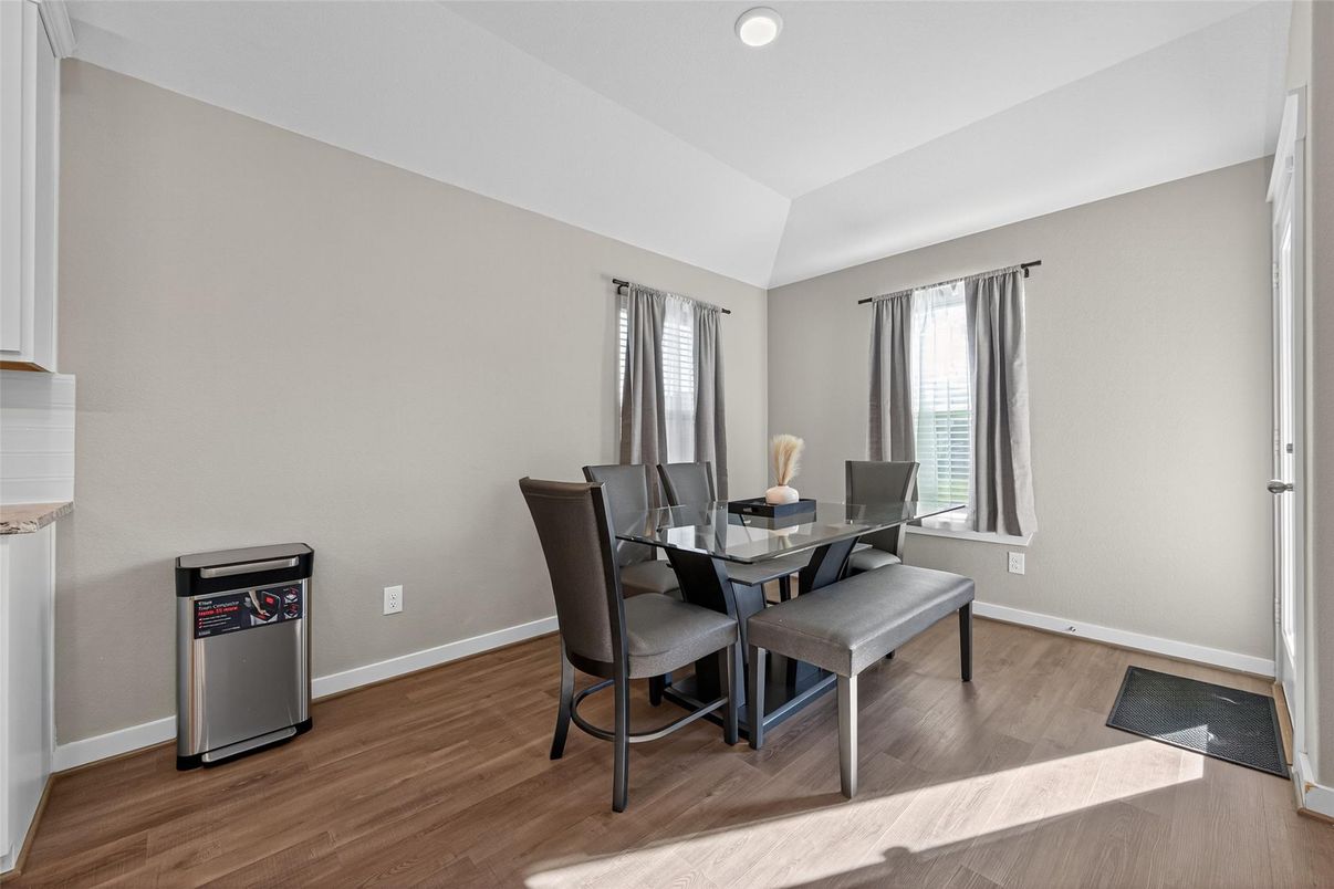 Dining room, Interior, Recessed Lighting, Wood Texture Flooring