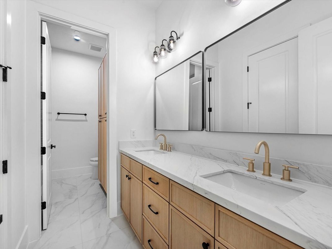 Bathroom, Dual Sink Vanities, Interior, Marble, Recessed Lighting