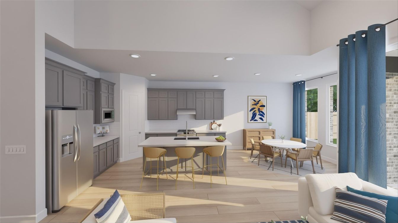 Dining room, Interior, Kitchen, Recessed Lighting, Stainless Steel Appliances, Wood Texture Flooring