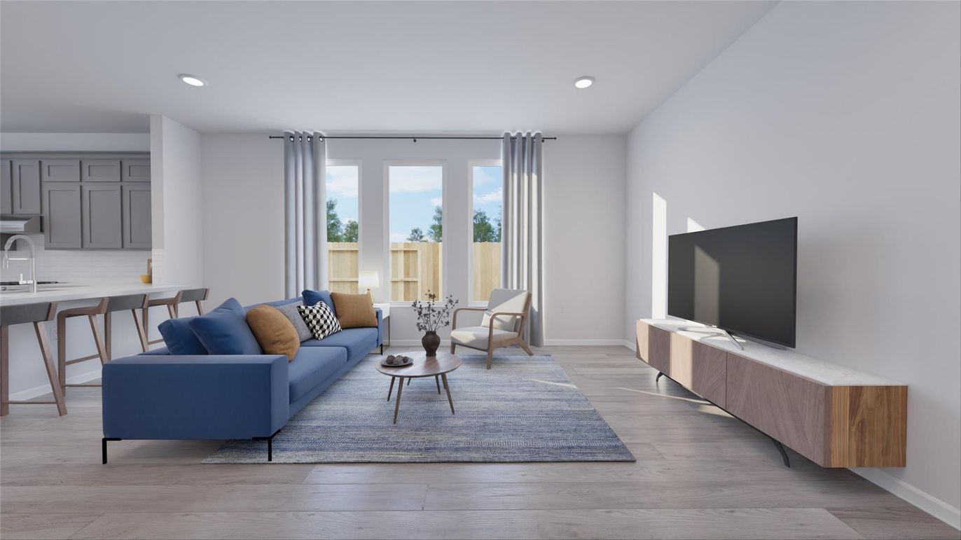 Interior, Kitchen, Living room, Recessed Lighting, Wood Texture Flooring