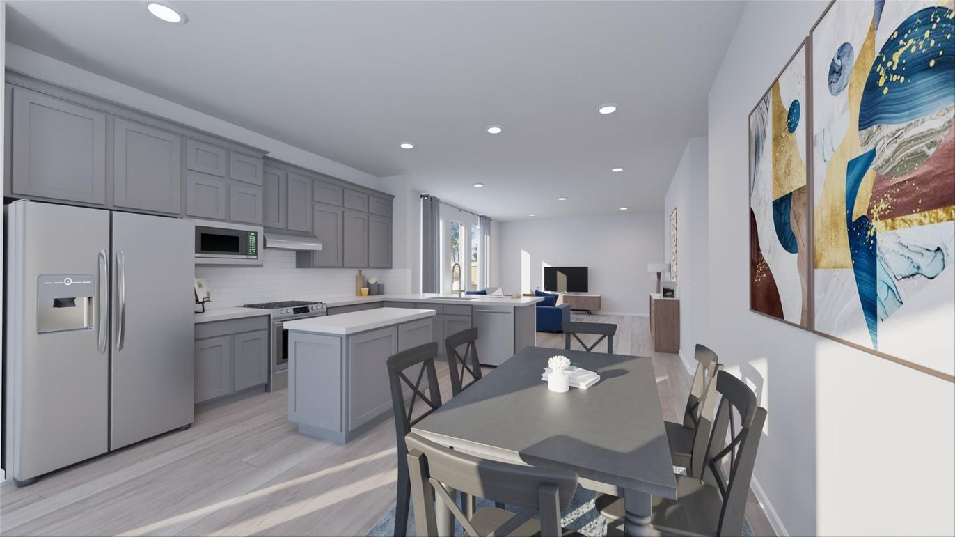 Dining room, Interior, Kitchen, Recessed Lighting, Wood Texture Flooring