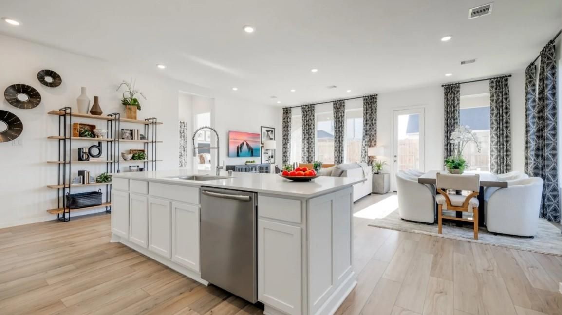 Dining room, Interior, Kitchen, Living room, Recessed Lighting, Stainless Steel Appliances, Wood Texture Flooring