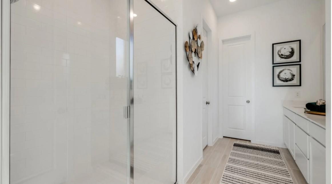 Bathroom, Glass Shower, Interior, Recessed Lighting, Wood Texture Flooring