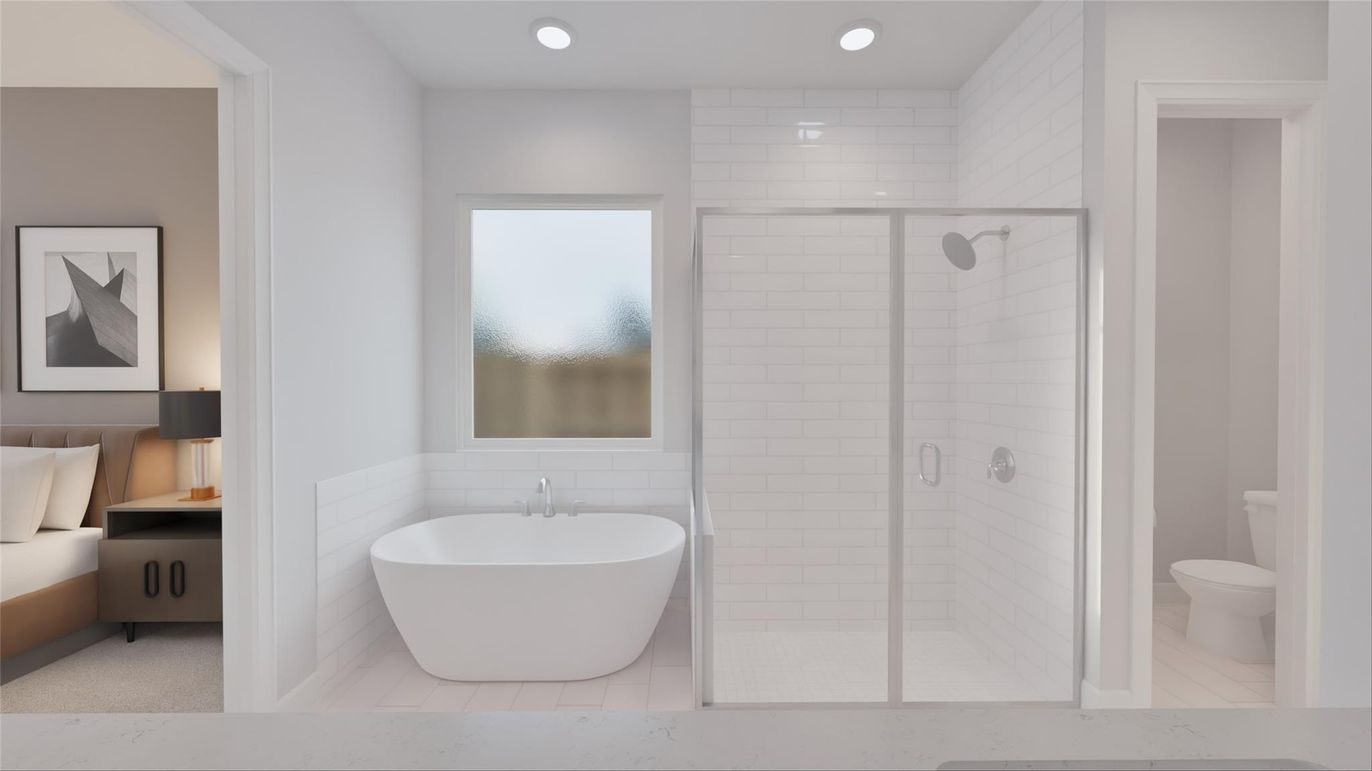 Bathroom, Free Standing Baths, Glass Shower, Interior, Recessed Lighting