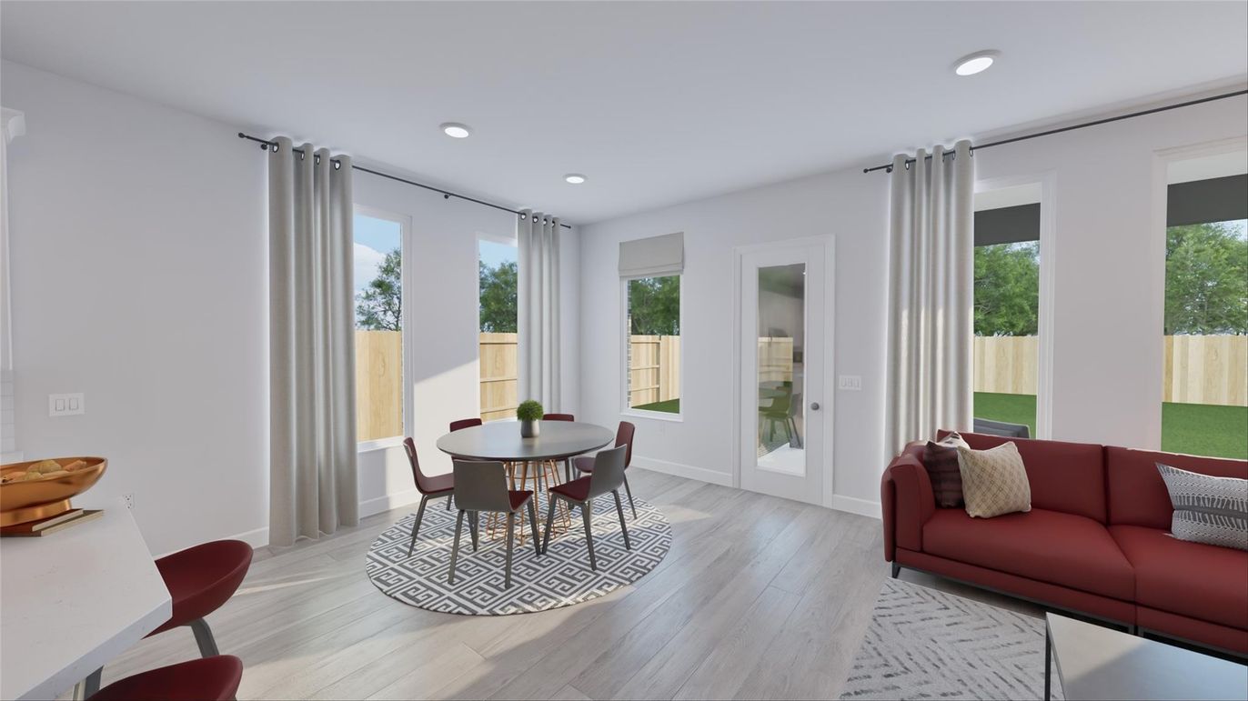 Dining room, Interior, Living room, Recessed Lighting, Wood Texture Flooring