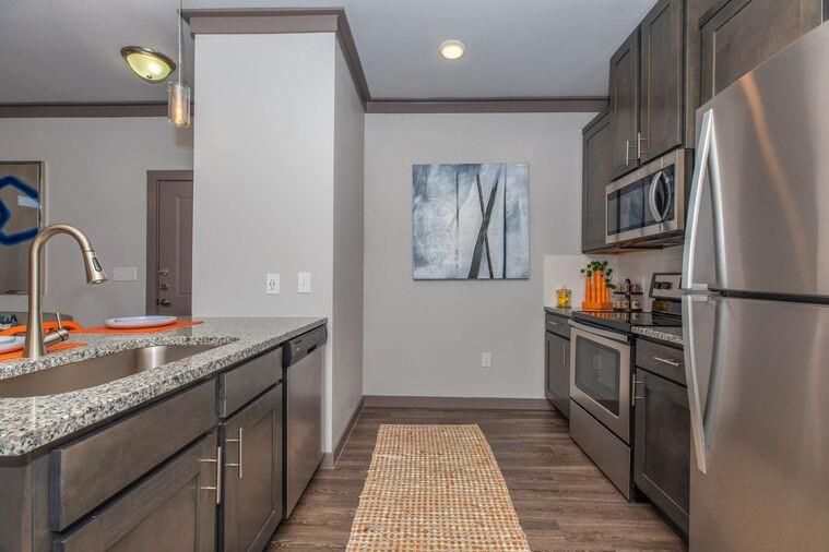 Interior, Kitchen, Recessed Lighting, Stainless Steel Appliances, Wood Texture Flooring