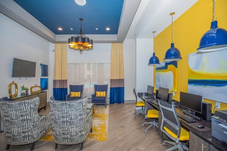 Chandelier, Home Office, Interior, Pendant Lights, Recessed Lighting, Wood Texture Flooring