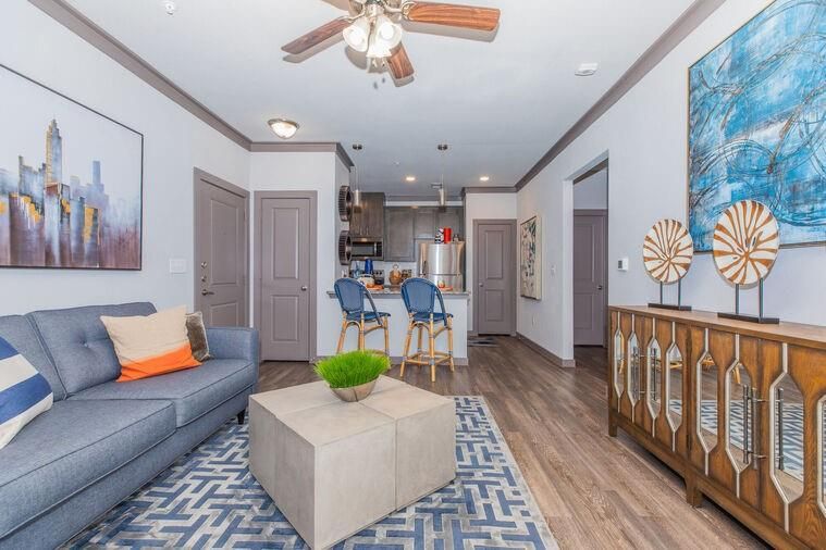 Interior, Kitchen, Living room, Recessed Lighting, Stainless Steel Appliances, Wood Texture Flooring