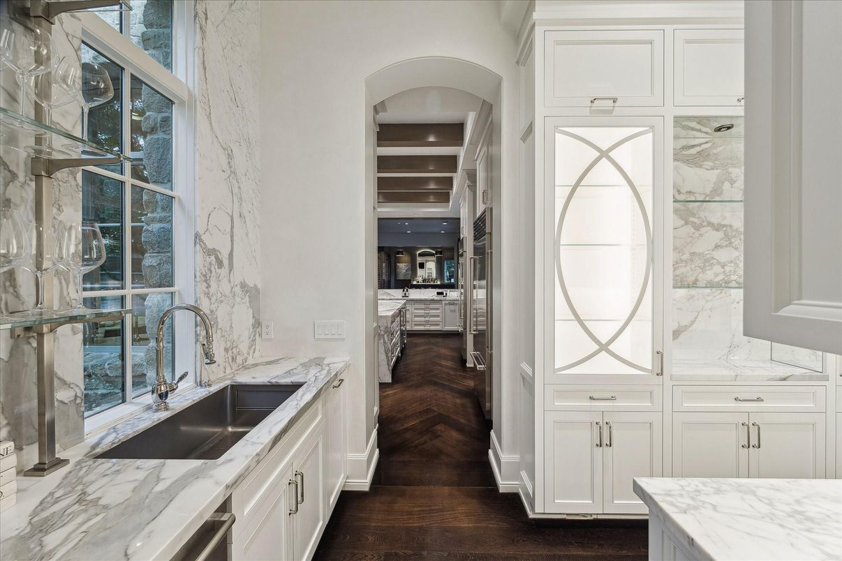 Interior, Kitchen, Marble Walls, Recessed Lighting, Wood Texture Flooring