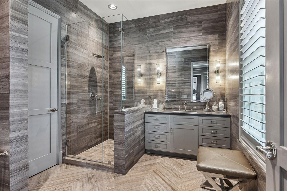 Bathroom, Glass Shower, Interior, Recessed Lighting, Wood Texture Flooring