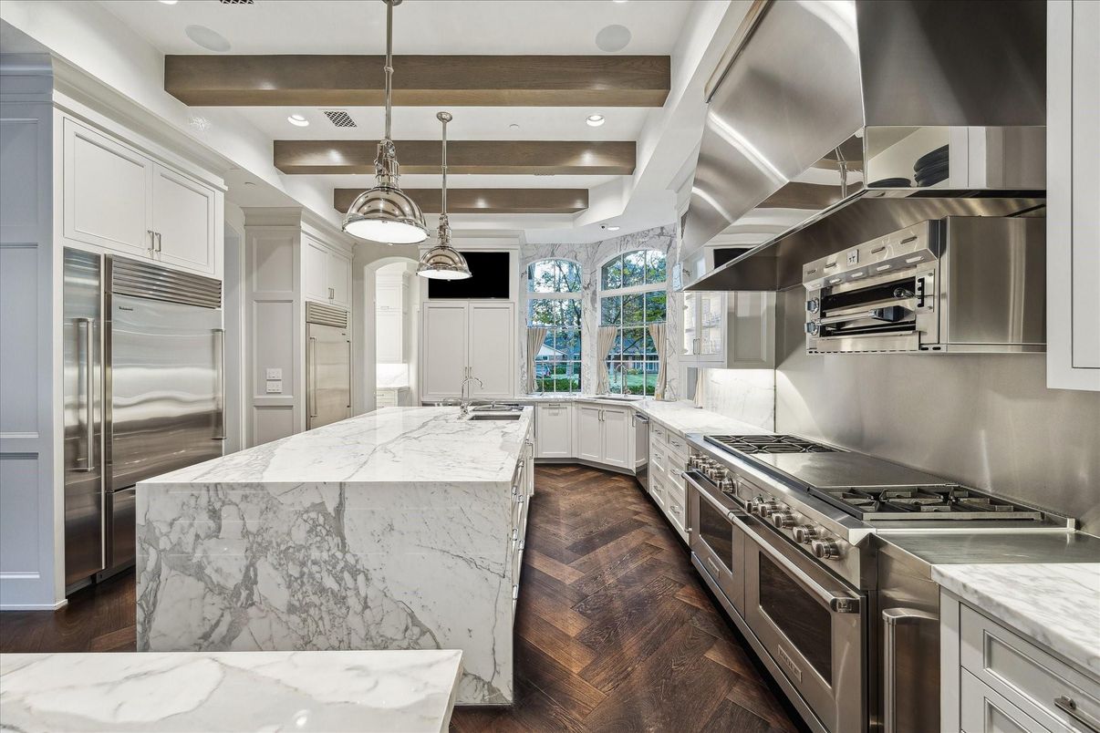 Interior, Kitchen, Pendant Lights, Recessed Lighting, Stainless Steel Appliances, Wooden Beams, Wood Texture Flooring