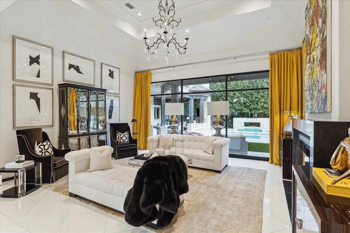 Chandelier, Fireplace, Interior, Living room, Recessed Lighting