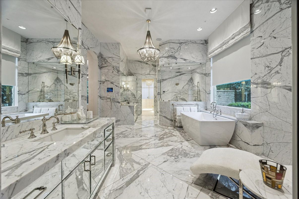 Bathroom, Dual Sink Vanities, Free Standing Baths, Glass Shower, Interior, Marble, Marble Walls, Pendant Lights, Recessed Lighting