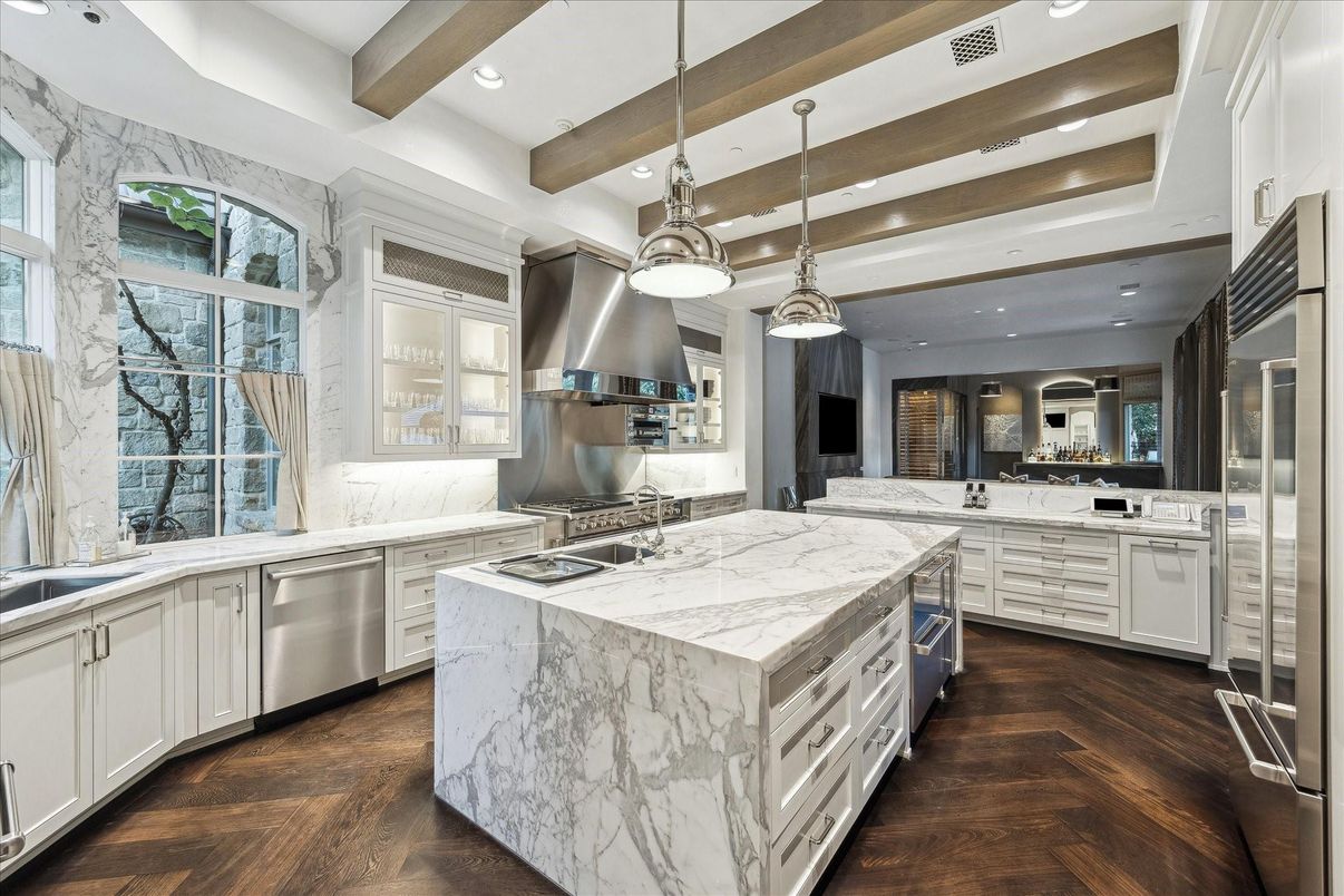 Interior, Kitchen, Pendant Lights, Recessed Lighting, Stainless Steel Appliances, Wooden Beams, Wood Texture Flooring