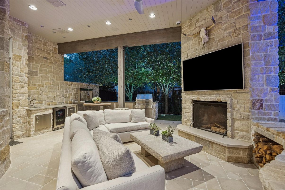 Fireplace, Interior, Living room, Recessed Lighting, Stone Walls