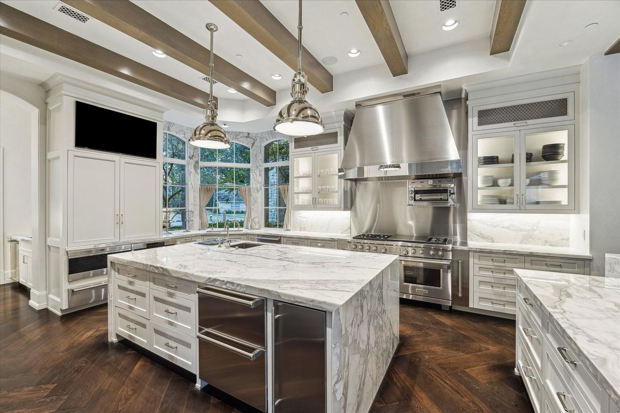 Interior, Kitchen, Pendant Lights, Recessed Lighting, Stainless Steel Appliances, Wooden Beams, Wood Texture Flooring