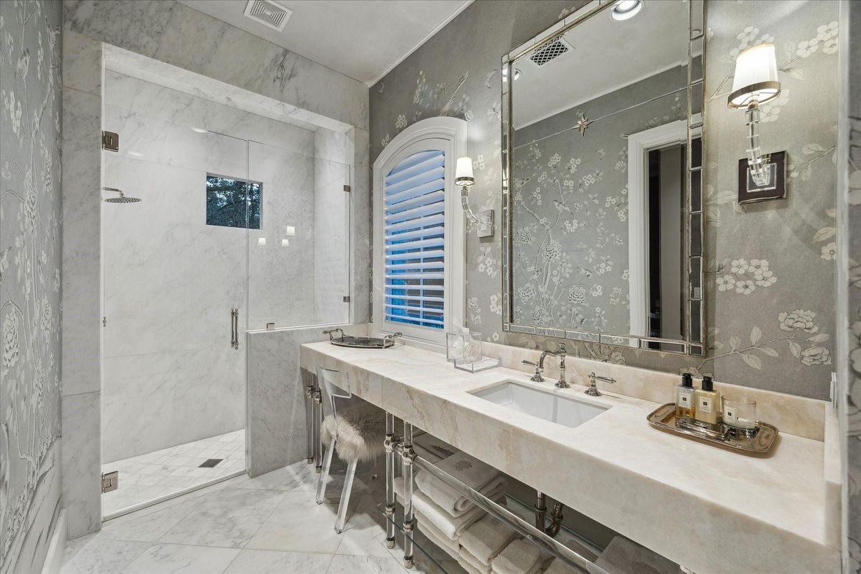 Bathroom, Dual Sink Vanities, Glass Shower, Interior, Marble, Marble Walls