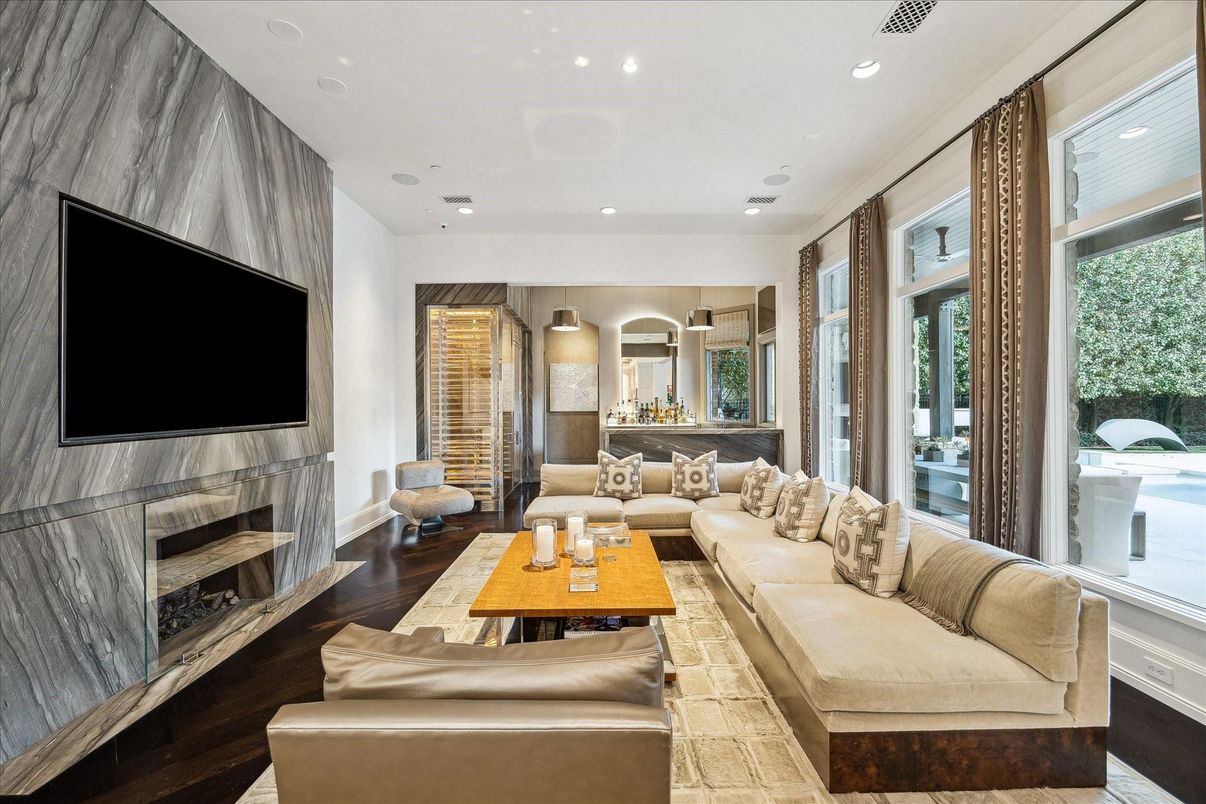 Fireplace, Interior, Living room, Recessed Lighting, Wood Texture Flooring