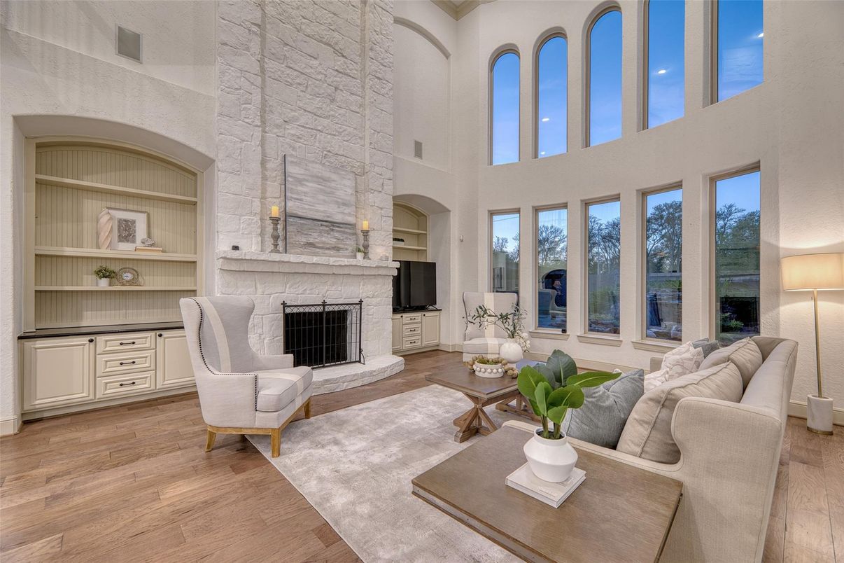 Fireplace, Interior, Living room, Stone Walls, Wood Texture Flooring