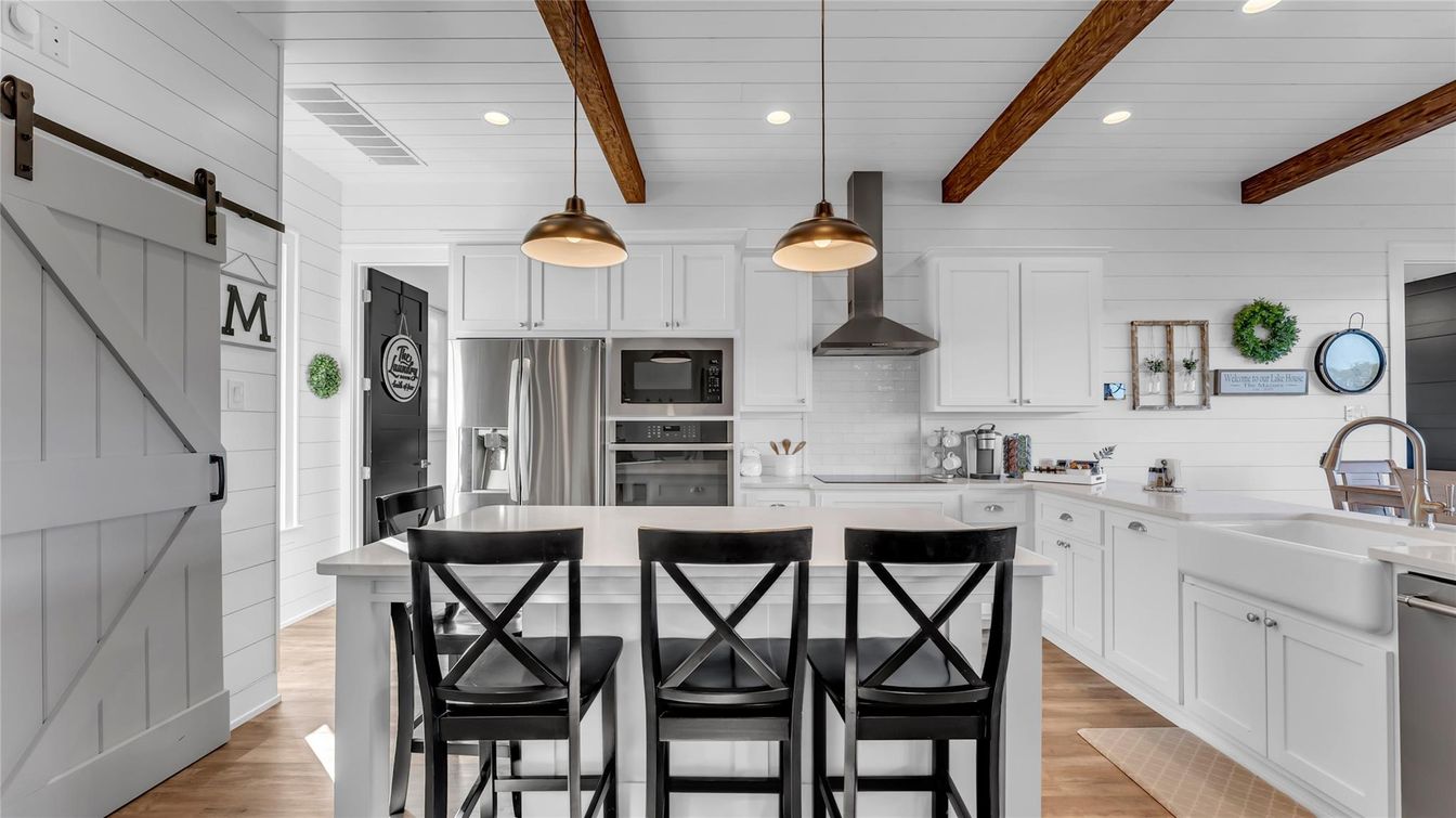 Interior, Kitchen, Pendant Lights, Recessed Lighting, Stainless Steel Appliances, Wooden Beams, Wood Texture Flooring