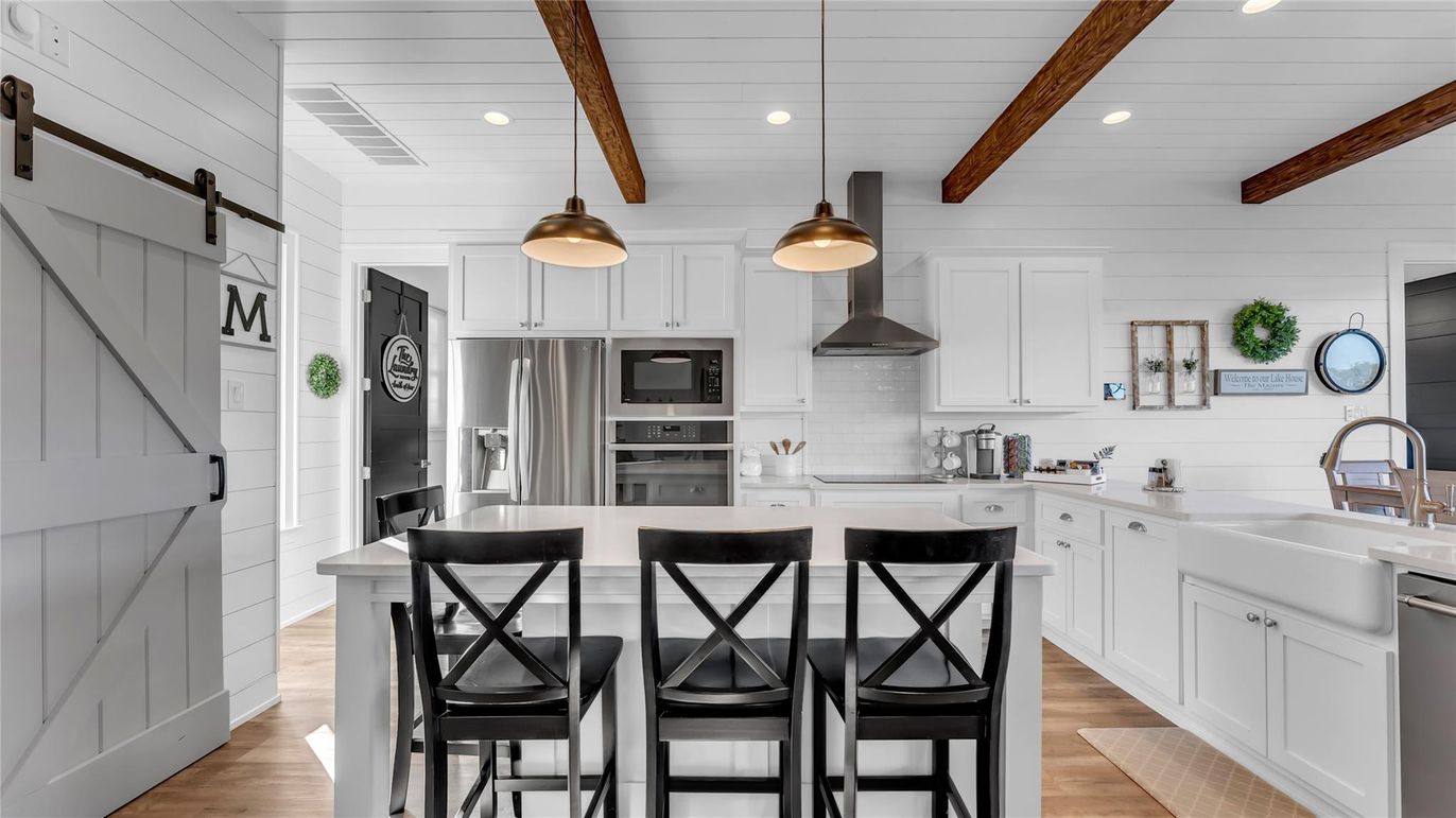 Interior, Kitchen, Pendant Lights, Recessed Lighting, Stainless Steel Appliances, Wooden Beams, Wood Texture Flooring