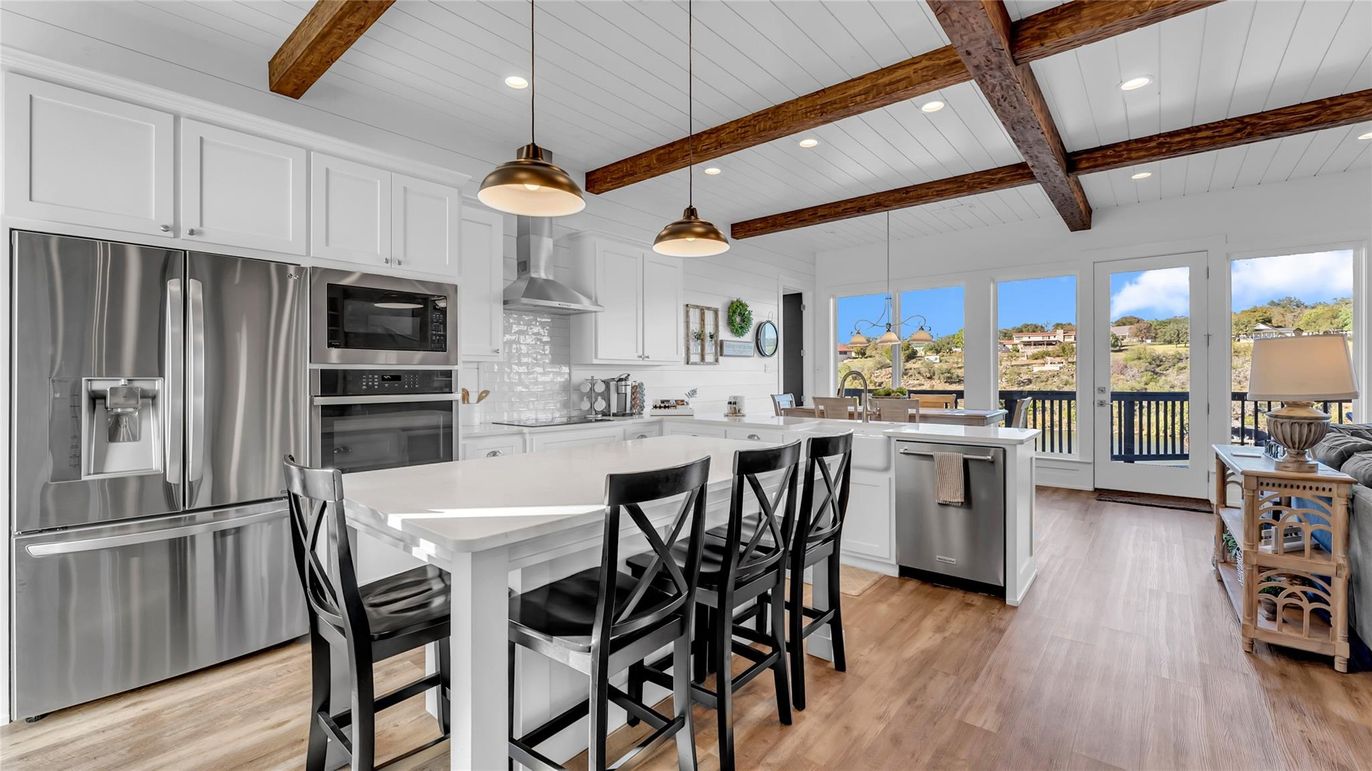 Interior, Kitchen, Pendant Lights, Recessed Lighting, Stainless Steel Appliances, Wooden Beams, Wood Texture Flooring