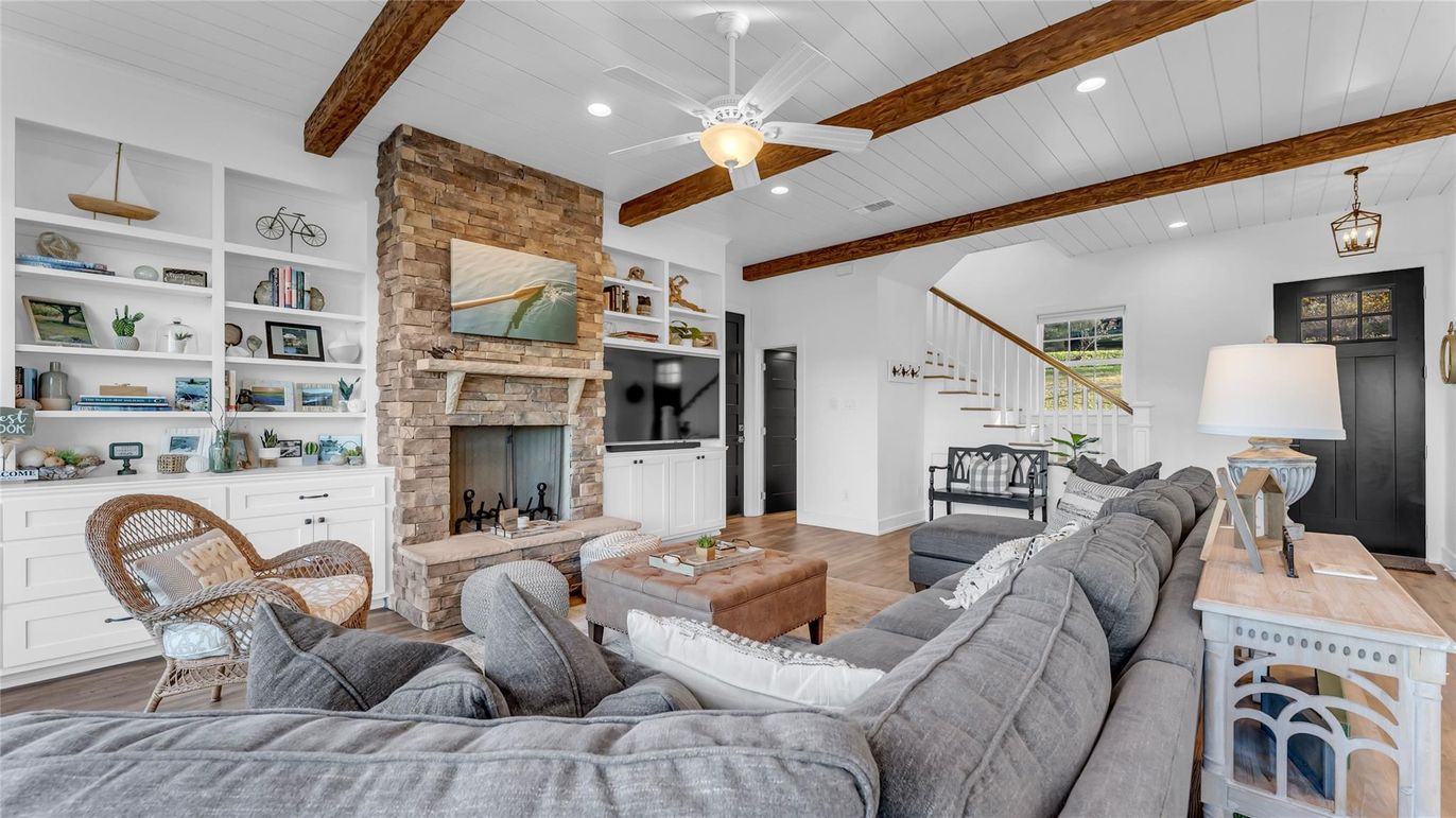 Fireplace, Interior, Living room, Recessed Lighting, Stone Walls, Wooden Beams, Wood Texture Flooring