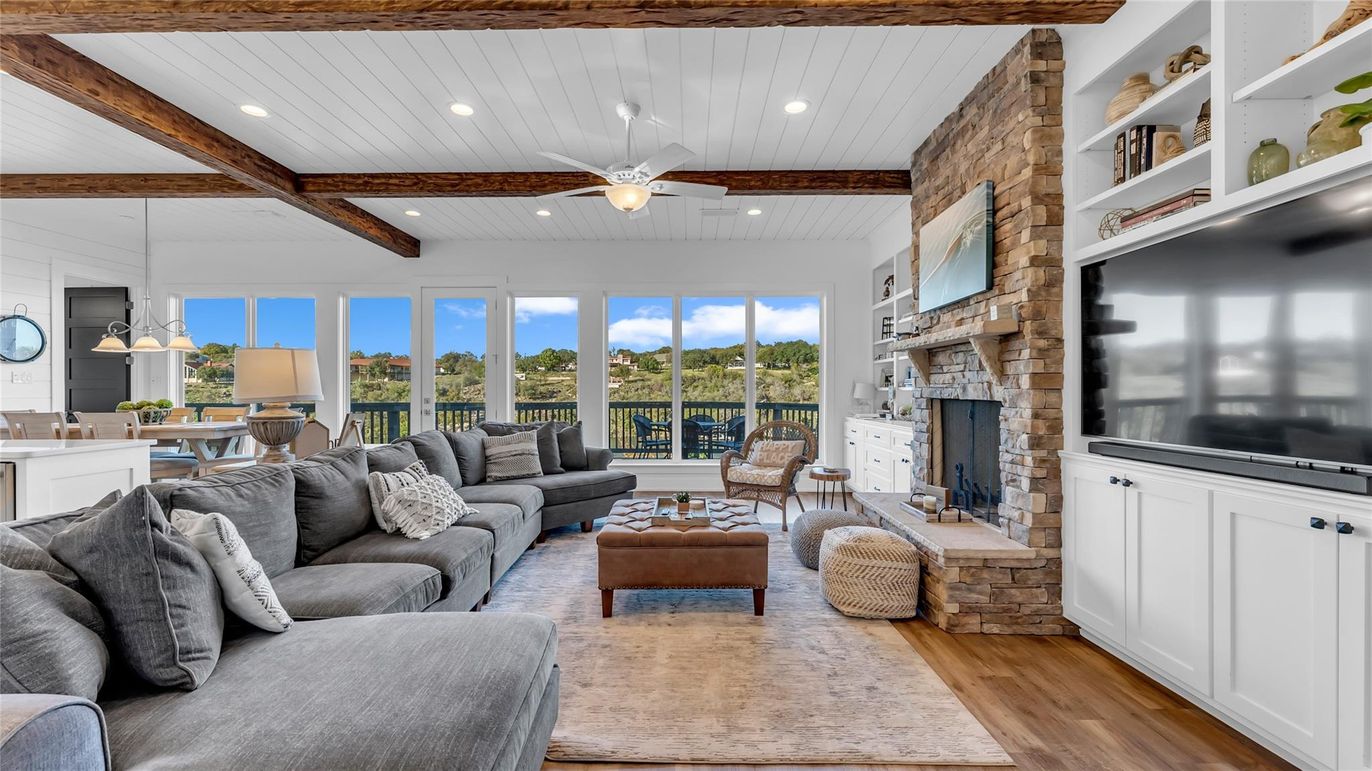 Fireplace, Interior, Living room, Recessed Lighting, Stone Walls, Wooden Beams, Wood Texture Flooring