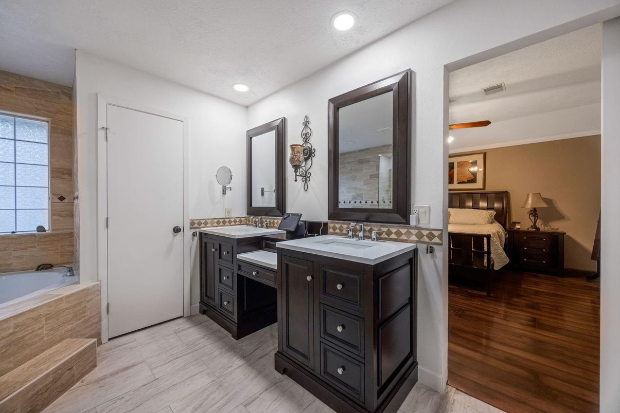 Bathroom, Bedroom, Dual Sink Vanities, Interior, Recessed Lighting, Wood Texture Flooring