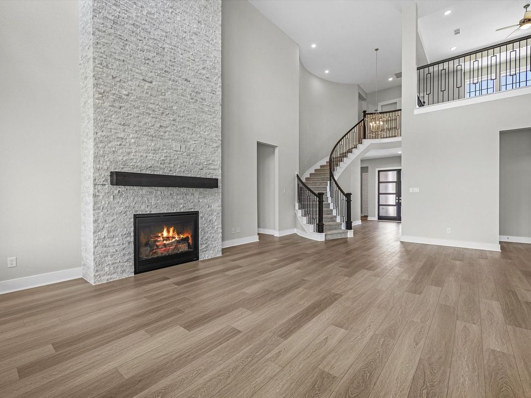 Fireplace, Interior, Pendant Lights, Recessed Lighting, Wood Texture Flooring