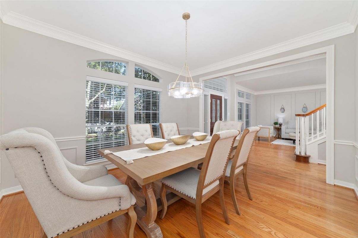 Dining room, Interior, Pendant Lights, Wood Texture Flooring